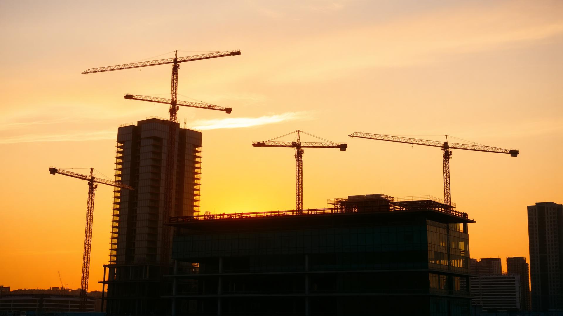 Construction site at sunset with cranes